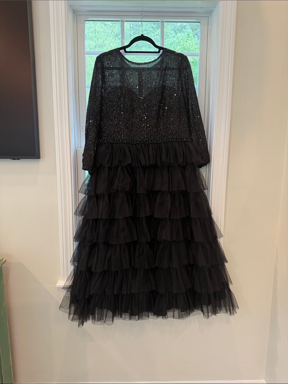 Mac Duggal Black Sequined Layered Tulle A Line Cocktail Dress